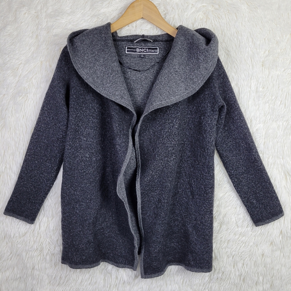 BNCI Blanc Noir Cardigan Sweater Womens L Black Cape‎ Hoodie Wool Blend Jacket